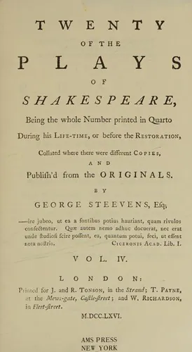 Twenty of the Plays of Shakespeare (Hamlet / King Henry IV. Part 1 / King Henry IV. Part 2 / King Henry V / King Henry VI. Part 2 / King Henry VI. Part 3 / King John / King Lear / King Richard II / King Richard III / Love's Labour's Lost / Lover's Complaint / Merchant of Venice / Merry Wives of Windsor / Midsummer Night's Dream / Much Ado About Nothing / Othello / Romeo and Juliet / Sonnets / Taming of the Shrew / Titus Andronicus / Troilus and Cressida), William Shakespeare, 1766, Printed for J. and R. Tonson, T. Payne and W. Richardson