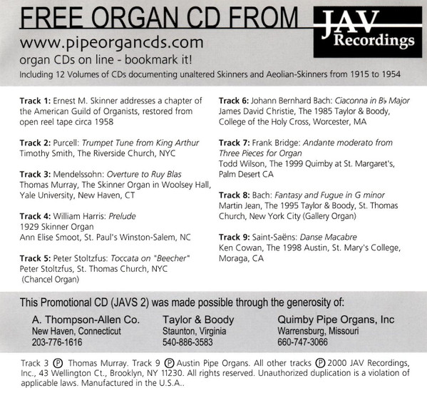 Free Organ CD From JAV Recordings, Ernest M. Skinner, Timothy Eugene Smith, Thomas Murray, Ann Elise Smoot, Peter Stoltzfus, James Christie (3), Todd Wilson (2), Martin Jean (2), Ken Cowan