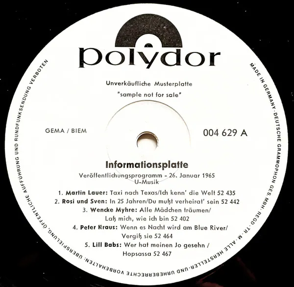 Informationsplatte Veröffentlichungsprogramm - 26. Januar 1965 U-Musik/ Veröffentlichungsprogramm - Januar 1965 U-Musik, Various