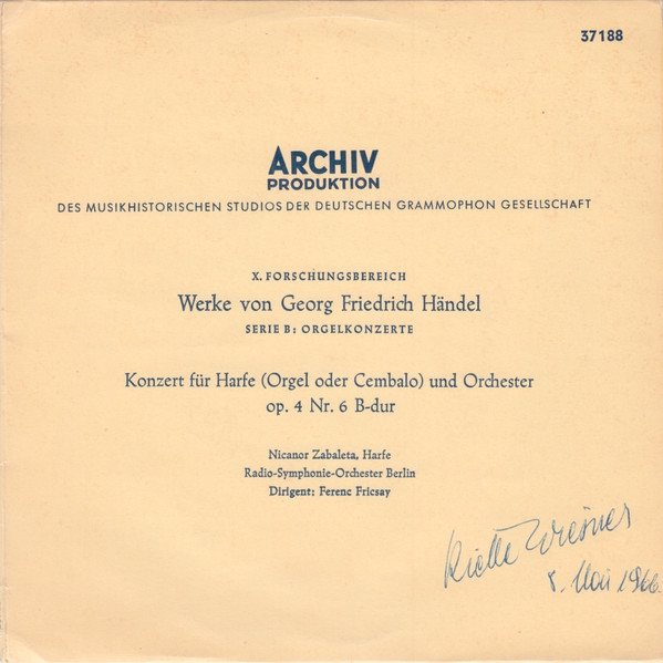 Konzert Für Harfe (Orgel Oder Cembalo) Und Orchester Op. 4 Nr.6 B-dur, Georg Friedrich Händel, Nicanor Zabaleta, Ferenc Fricsay, RIAS Symphonie-Orchester Berlin