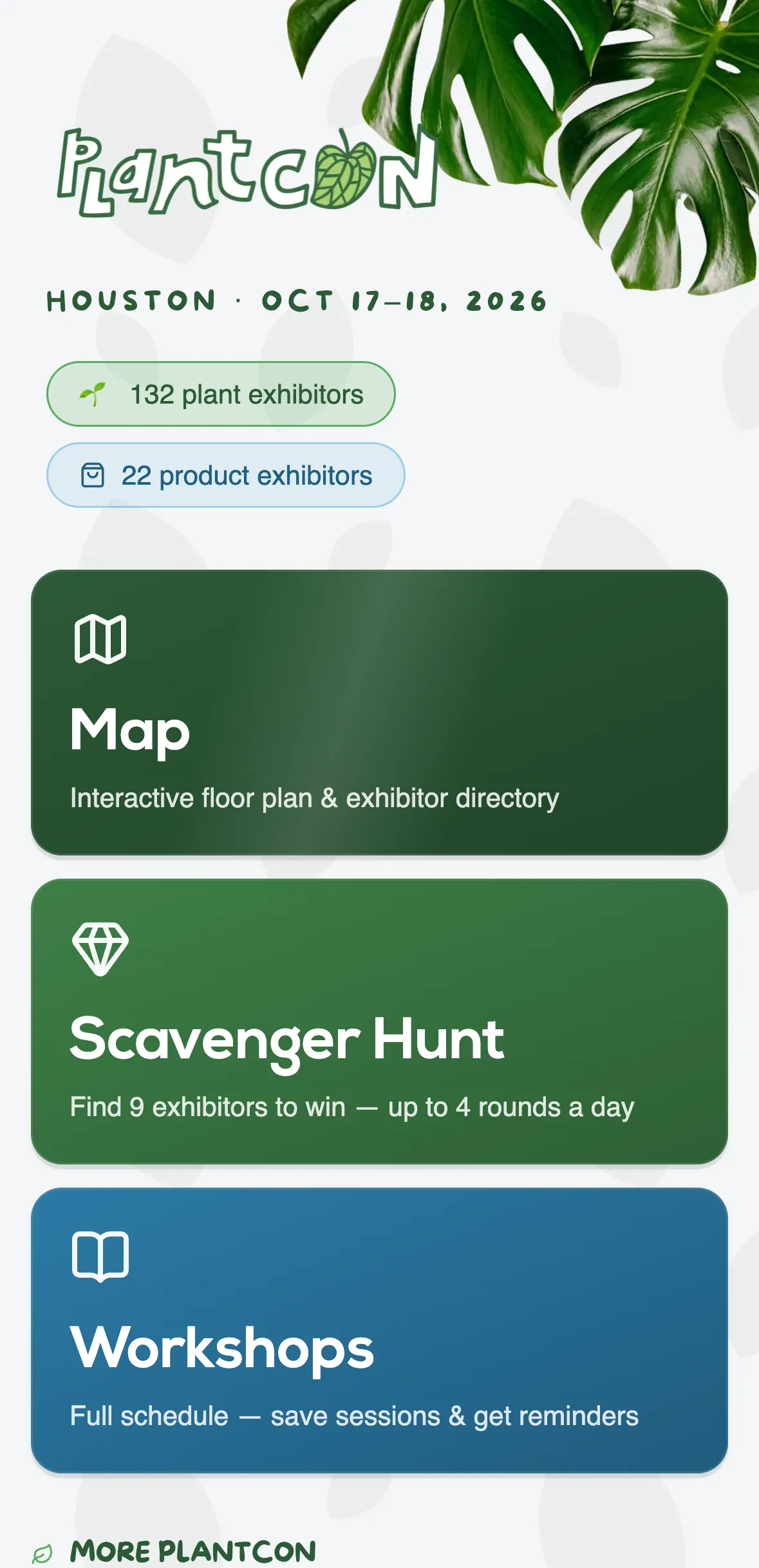 Event landing page for PlantCon Houston Fall 2026 on a phone: the PlantCon logo, show dates and exhibitor counts above big buttons for the map, scavenger hunt and workshops.