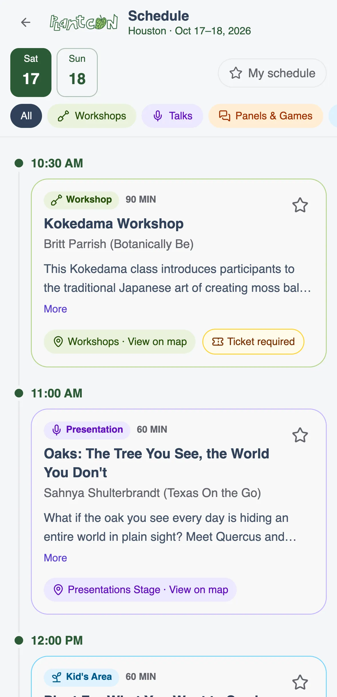 Event schedule for PlantCon Houston Fall 2026 on a phone: day tabs, filters for workshops and talks, and sessions attendees can star.