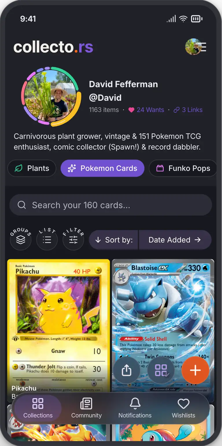 A collector’s profile in the collecto.rs app on a phone: their collections as chips above a grid of Pokémon cards.