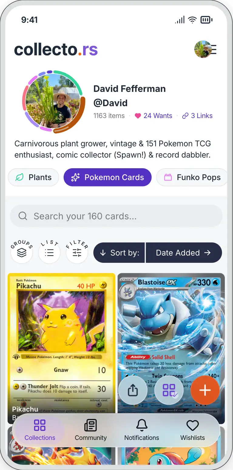 A collector’s profile in the collecto.rs app on a phone: their collections as chips above a grid of Pokémon cards.